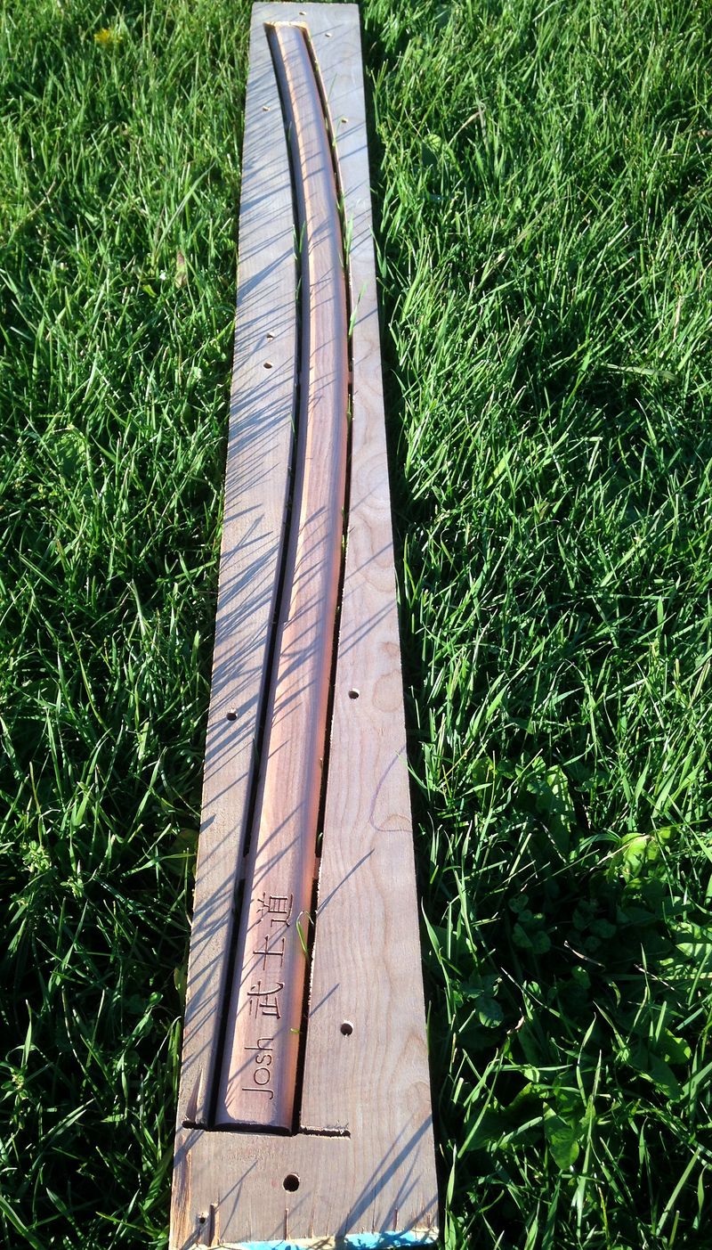 An early bokken, engraved with a 3-D toolpath