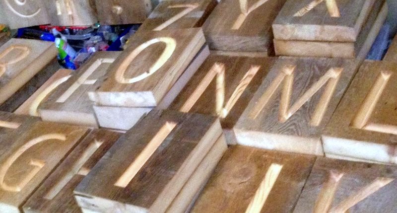 Engraved wooden letter blocks