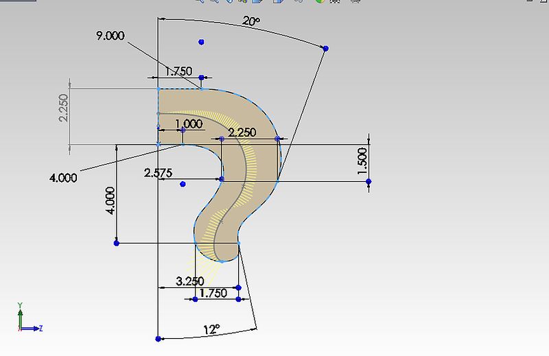 SolidWorks model of a swan-neck stair rail part with dimensions